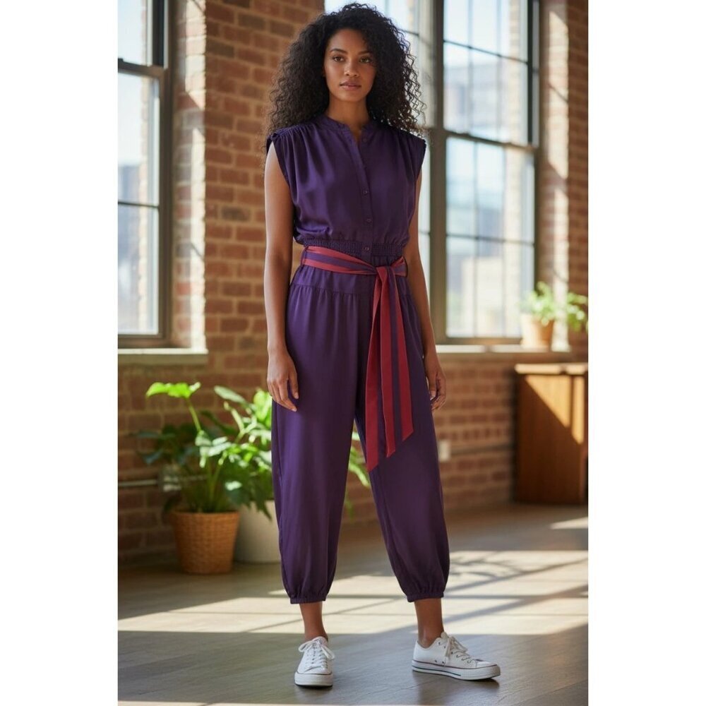 Glances By Sue Wong Womens Button-Up Jumpsuit W/Purple Pink Sash Belt P Size 5/6